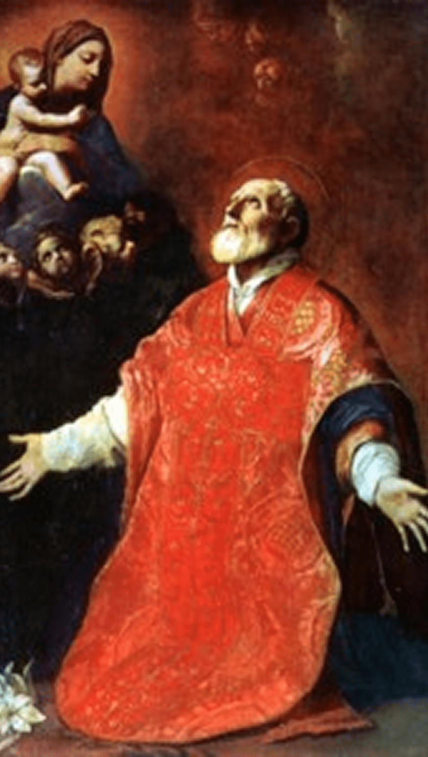 Peinture de Saint Philippe Néri en prière Peinture religieuse classique de Saint Philippe Néri en chasuble rouge, agenouillé en prière devant la Vierge à l'Enfant.