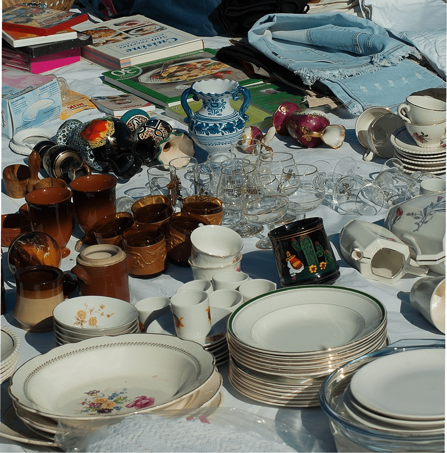 Stand de brocante et vide-grenier présentant de la vaisselle ancienne, des tasses et des livres exposés sur une table.