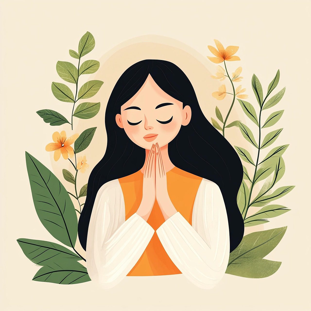 Femme en prière Dessin poétique et moderne montrant une femme sereine aux cheveux noirs recueillie en prière, vêtue d'un haut orange et blanc, encadrée par des plantes vertes et des fleurs jaunes.
