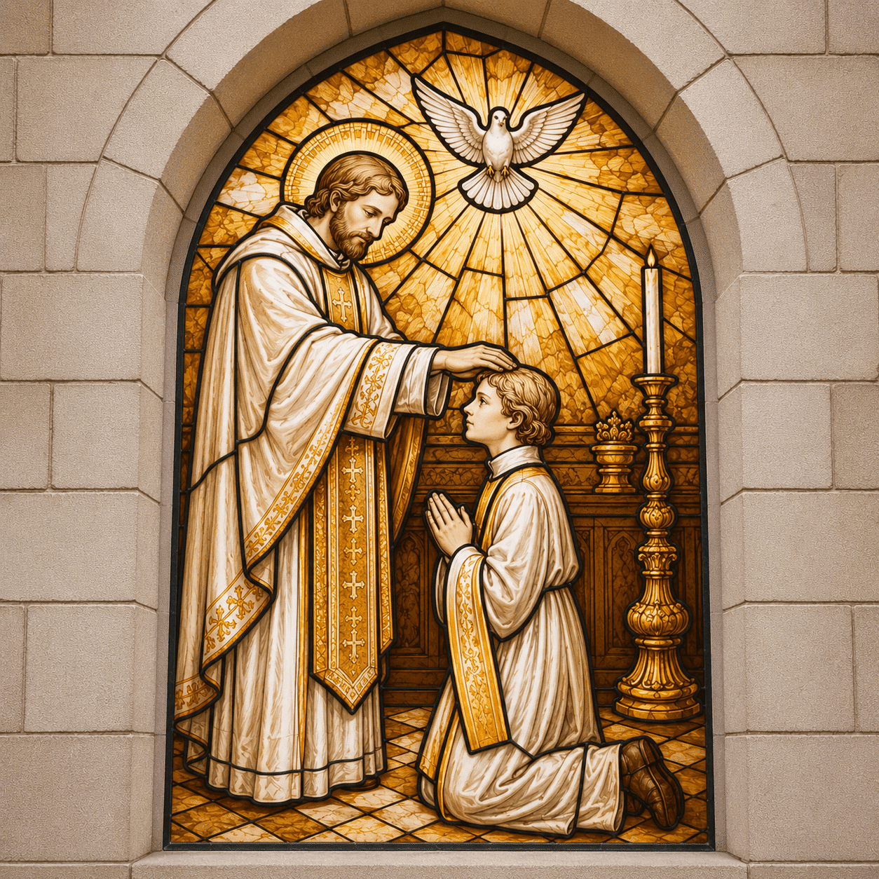 Sacrement de la Confirmation - Vitrail Vitrail illustrant l'imposition des mains par un prêtre sur un jeune confirmé sous la colombe du Saint-Esprit.