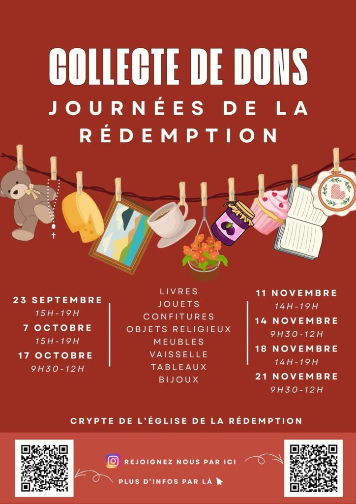 Affiche terracotta illustrée par des pince à linge suspendant divers objets (peluche, livres, vaisselle, confitures), annonçant la « Collecte de dons - Journées de la Rédemption » à la crypte de l'église avec les dates précises de collecte de septembre à novembre.