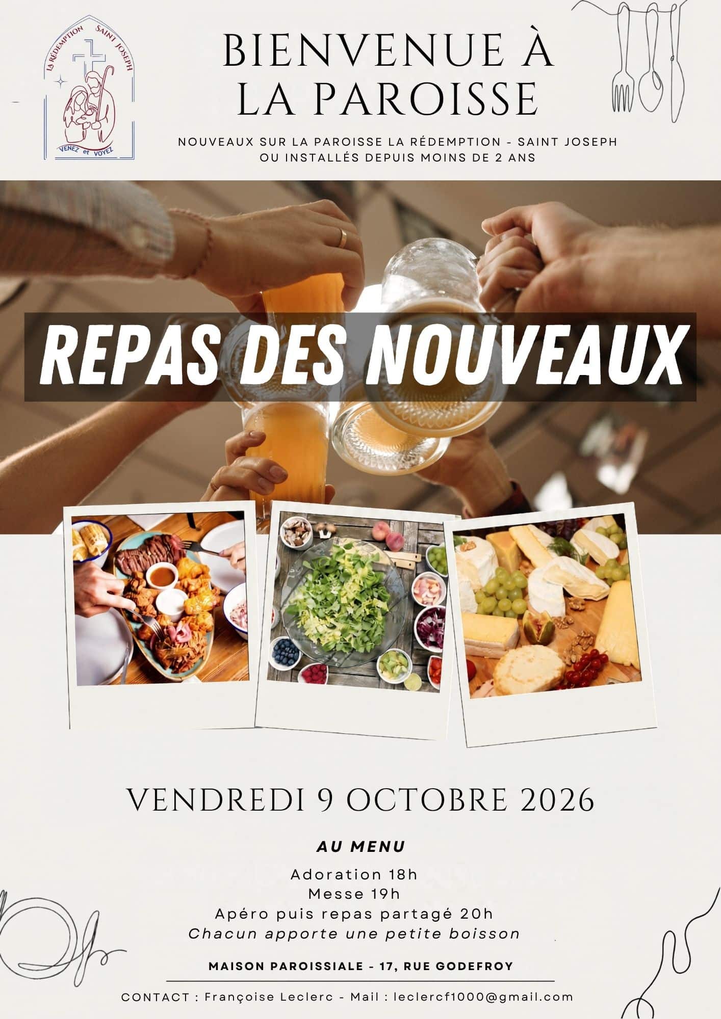 Affiche événementielle de la paroisse La Rédemption - Saint Joseph annonçant le « Repas des Nouveaux ». Le visuel présente des mains qui trinquent avec des verres, des vignettes de plats partagés (viandes, salades, fromages) et le programme de la soirée : adoration à 18h, messe à 19h et apéro-repas partagé à 20h au 17 rue Godefroy.