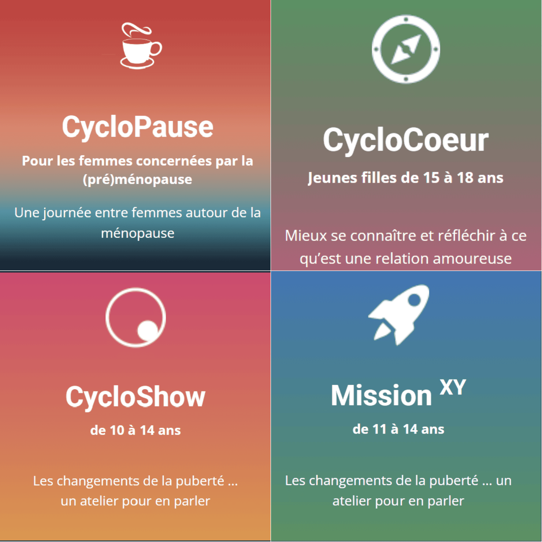 Atelier éducation à la vie affective Visuel présentant quatre ateliers de sensibilisation à la vie affective et la puberté : CycloPause, CycloCœur, CycloShow et Mission XY.