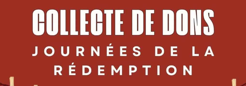 Carrousel Collecte de dons - Journées de la Rédemption Bannière rouge pour la « Collecte de dons - Journées de la Rédemption ».
