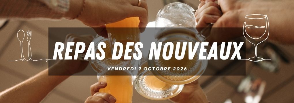 Repas des nouveaux arrivants - Carrousel Bannière panoramique du « Repas des Nouveaux » du vendredi 9 octobre 2026 avec des convives trinquant.