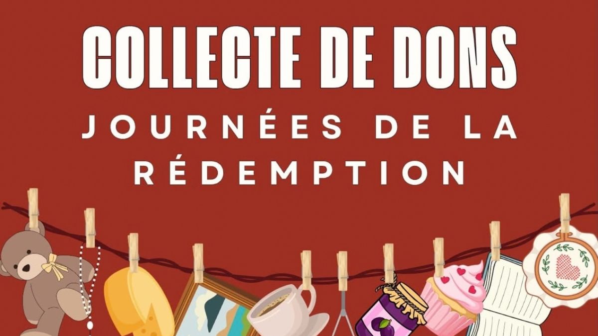 Bannière rouge annonçant la « Collecte de dons - Journées de la Rédemption » avec des illustrations d'objets.