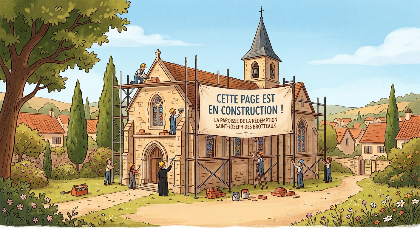Illustration d'ouvriers rénovant une église avec une banderole « Cette page est en construction ! ».