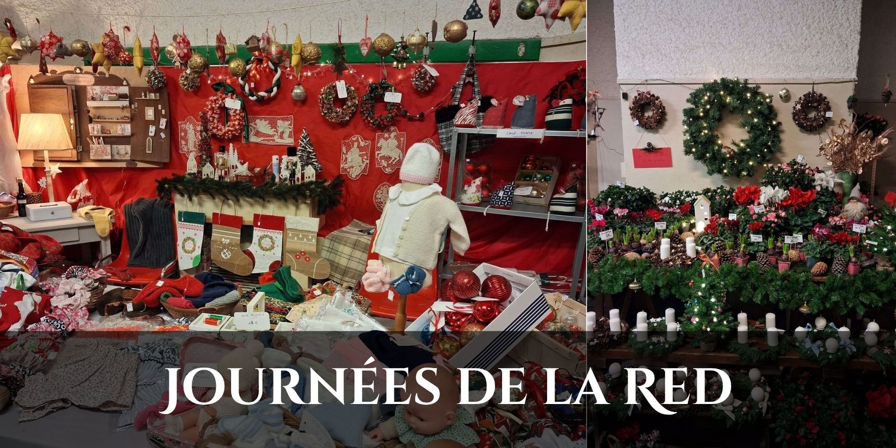 Composition photographique présentant divers stands décorés de décorations festives de Noël, de chaussettes suspendues, d'artisanat et de compositions florales, surmontée du texte en transparence « Journées de la Rédemption ».