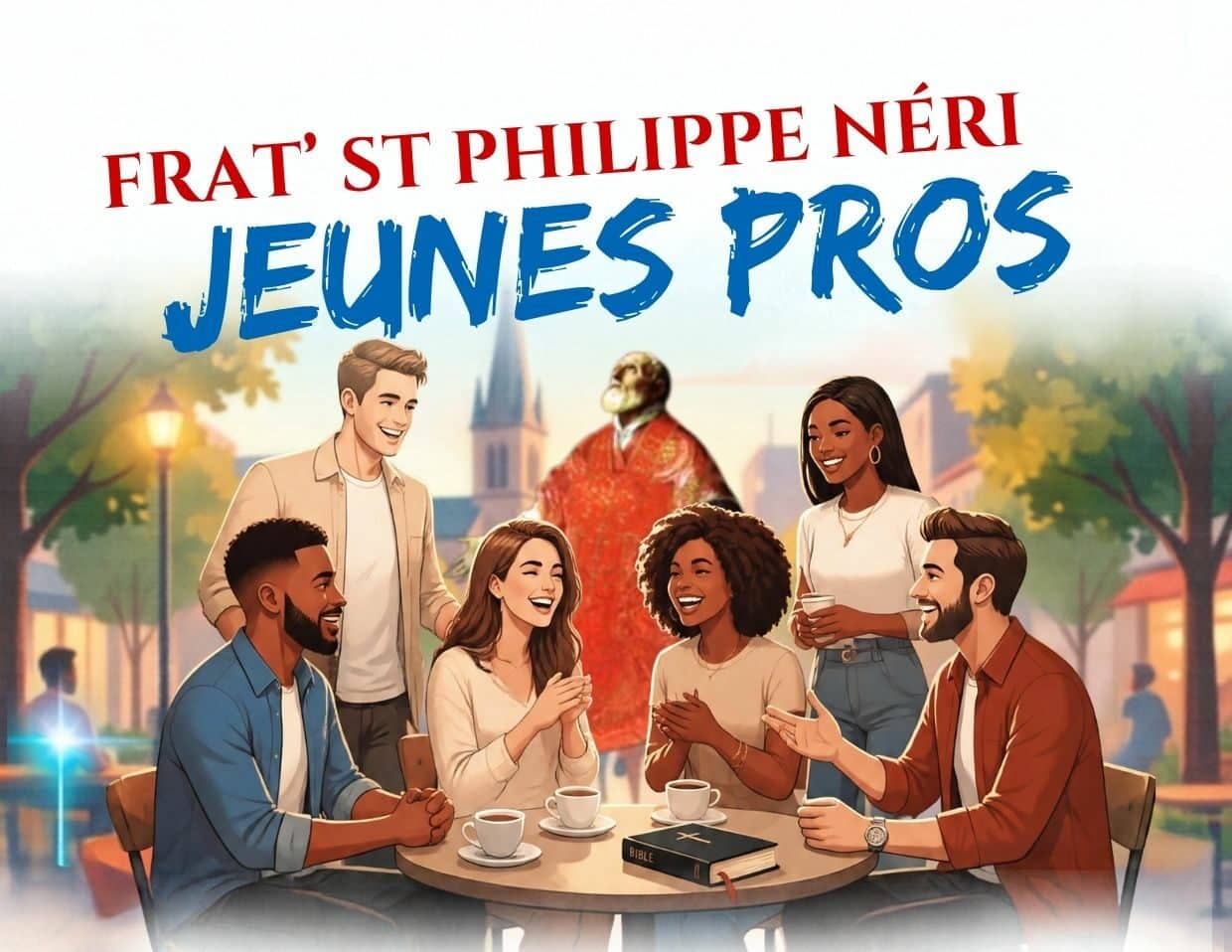 Frat' St Philippe Néri - Jeunes Pros Illustration stylisée du groupe « Frat' St Philippe Néri - Jeunes Pros » : six jeunes adultes souriants discutent en buvant une boisson autour d'une table où est posée une Bible, avec l'image de Saint Philippe Néri et une église en arrière-plan.