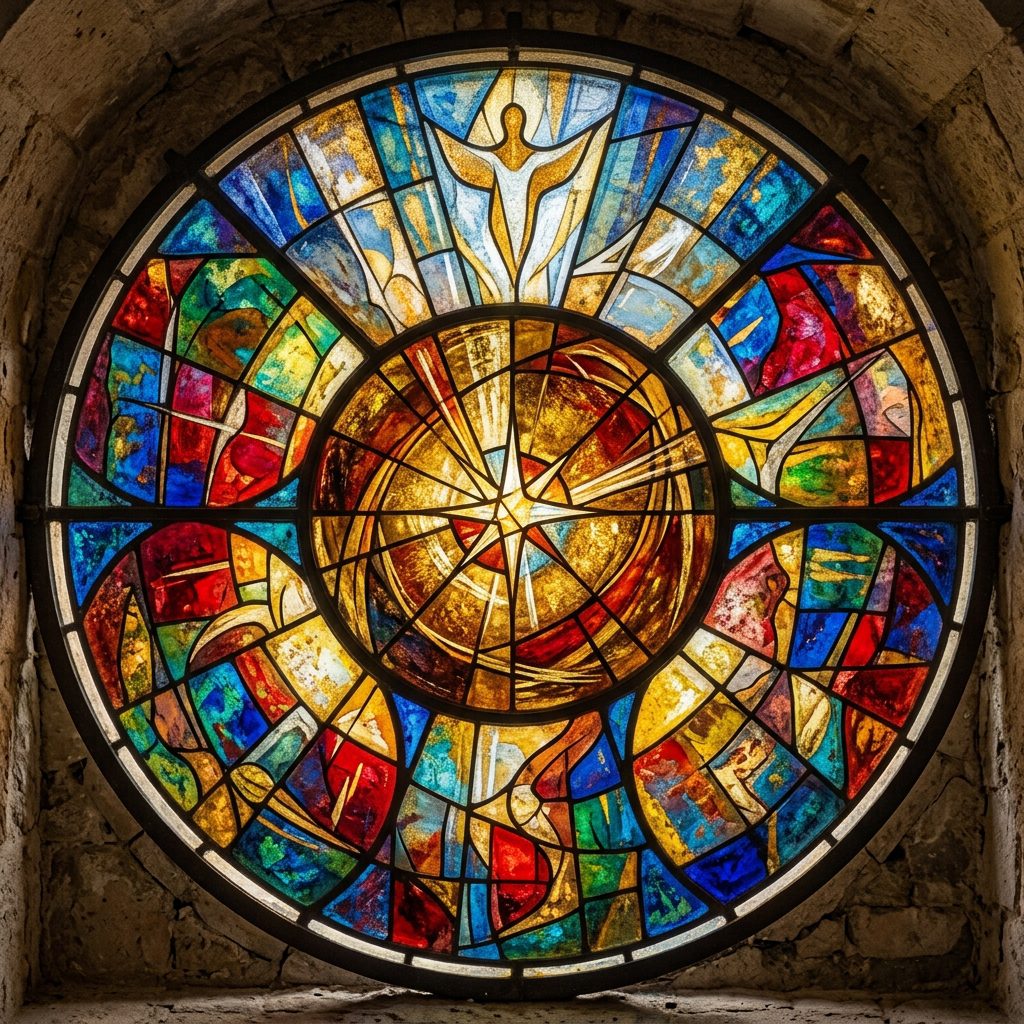 Vitrail circulaire lumineux - Croire c'est possible Vitrail circulaire coloré en forme de rosace avec un cœur lumineux central rayonnant et une silhouette céleste aux bras ouverts.