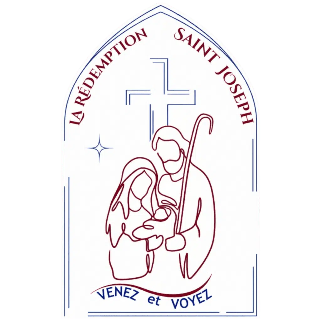 Logo en forme d'arche représentant la paroisse La Rédemption - Saint Joseph. Illustration en trait continu de la Sainte Famille (Marie, Joseph tenant un bâton et l'Enfant Jésus) surmontée d'une croix, d'une étoile et de la devise « Venez et voyez ».