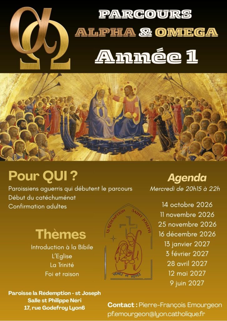 Affiche du « Parcours Alpha \& Omega - Année 1 » détaillant le public visé, les thèmes, le calendrier des dates et les contacts.