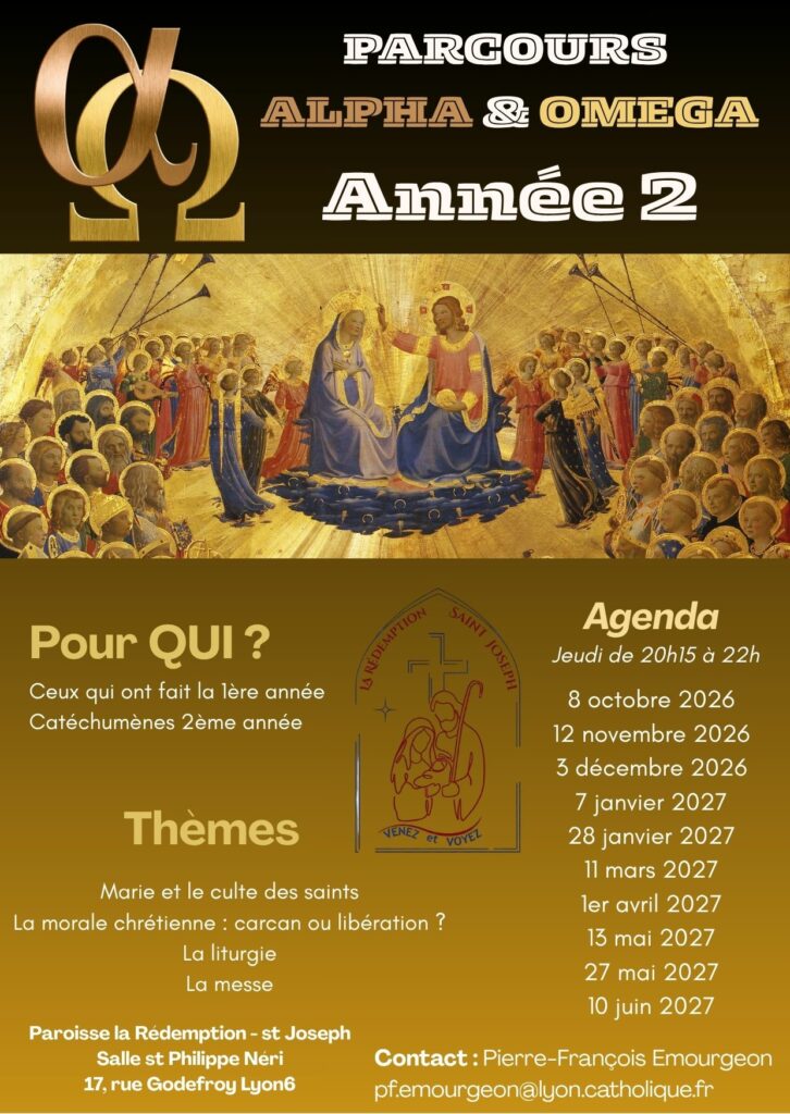 Flyer de formation paroissiale avec le logo Alpha \& Oméga et une peinture sacrée, détaillant le public visé, les quatre thèmes abordés et les dates de rencontres de 2026 à 2027 à la salle St Philippe Néri.