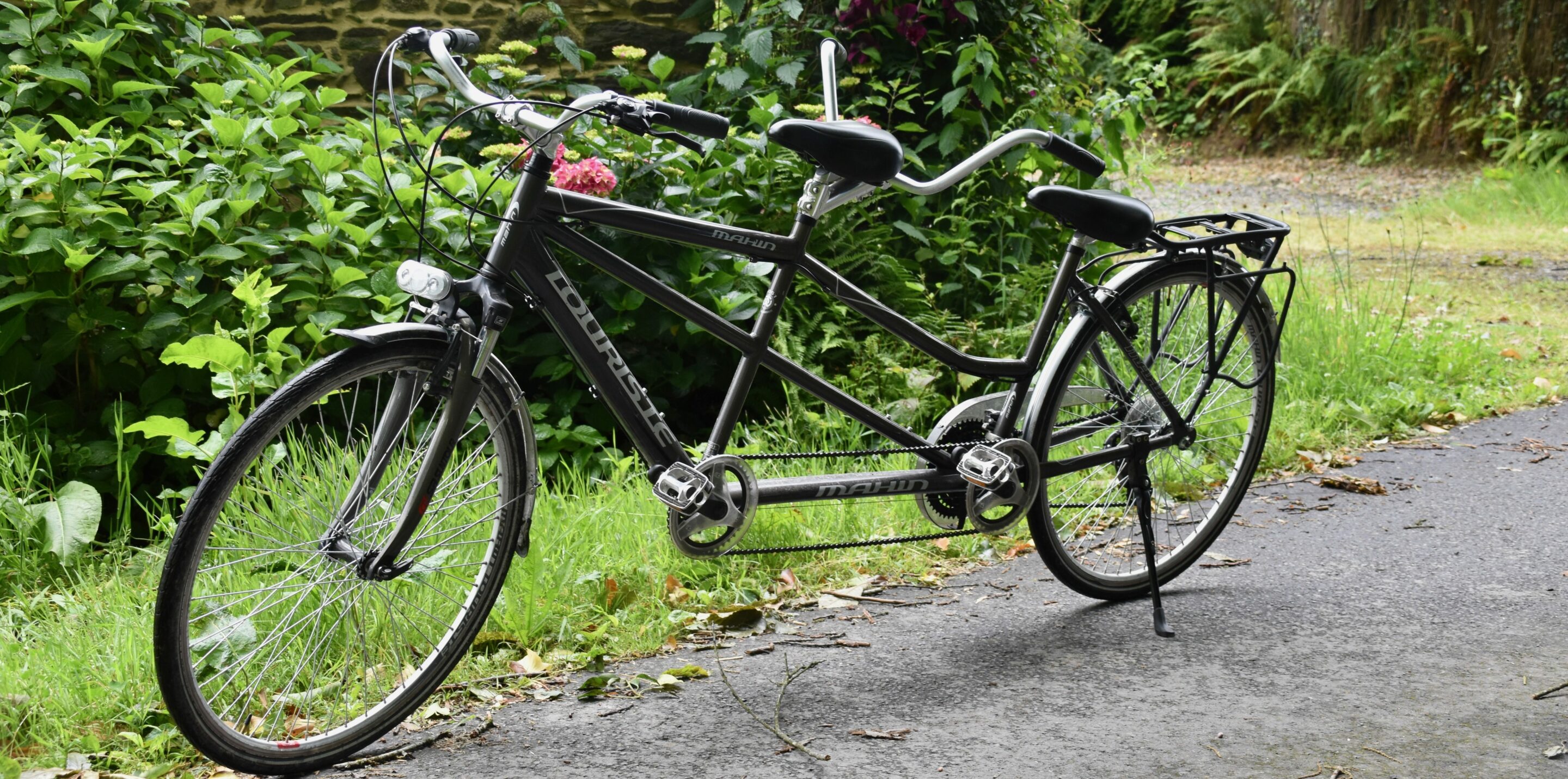 Tandem noir stationné sur une béquille au bord d'un chemin, entouré de verdure et de végétation.