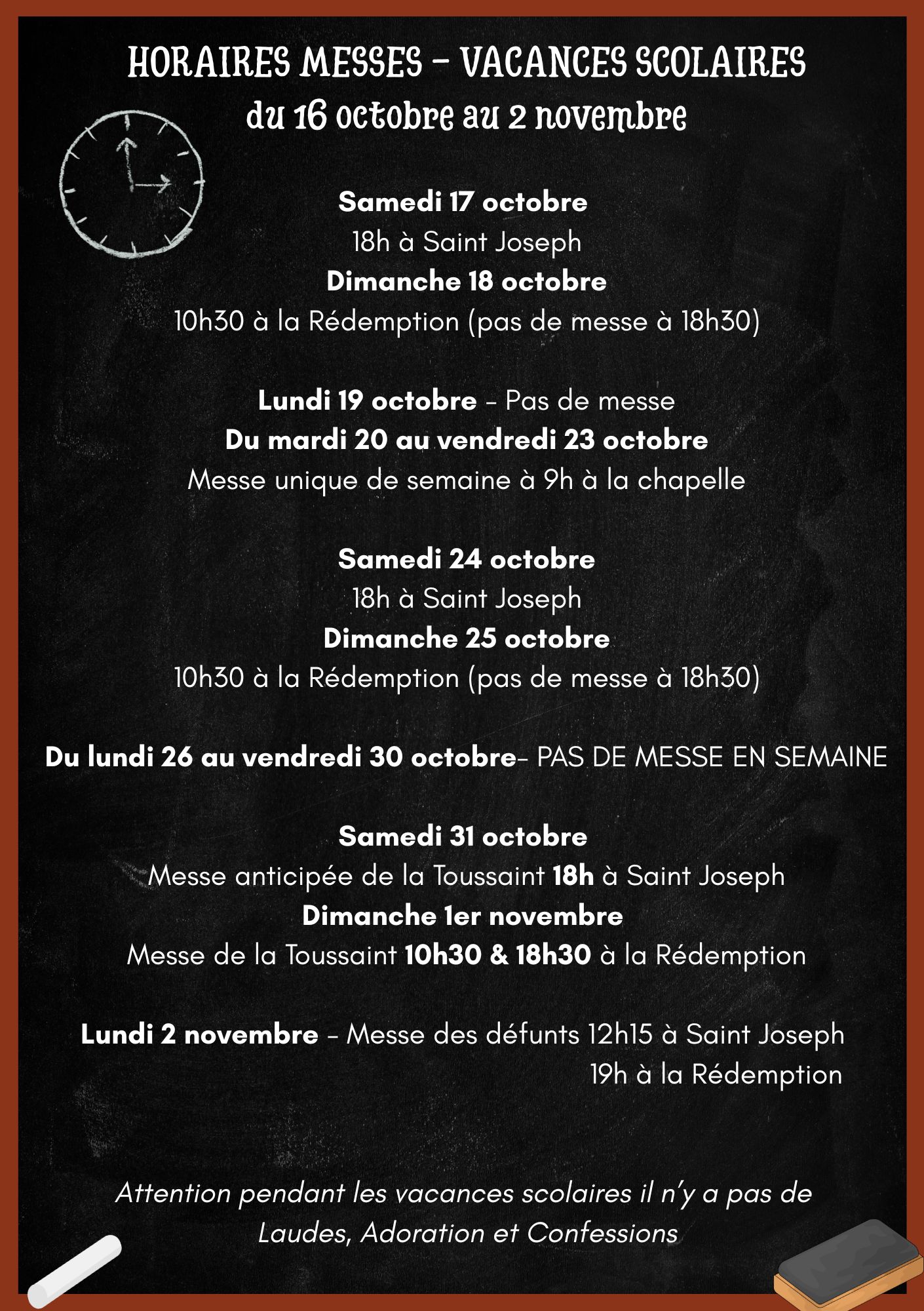 Affiche des horaires des messes pendant les vacances de la Toussaint - Paroisse Rédemption Saint-Joseph