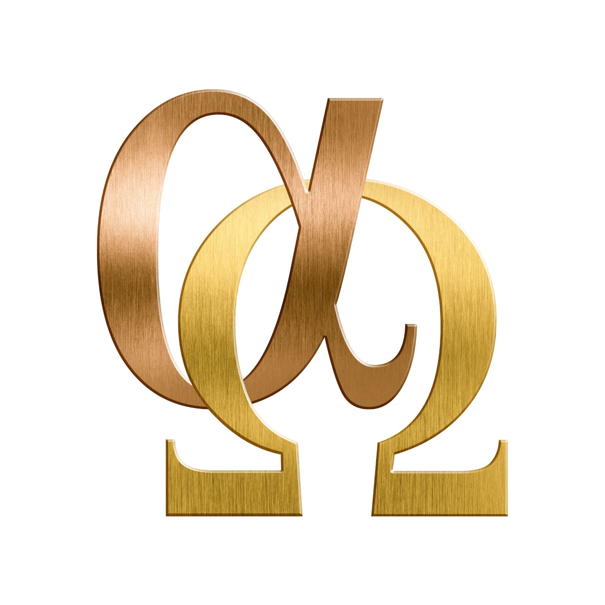 Logo Alpha et Oméga Symbole chrétien de l'Alpha et de l'Oméga entrelacés en métal doré.