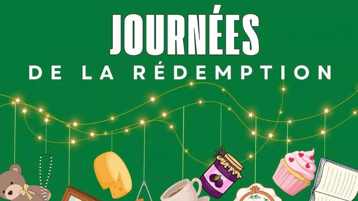 Bannière verte annonçant les Journées de la Rédemption 2026 avec des illustrations d'objets