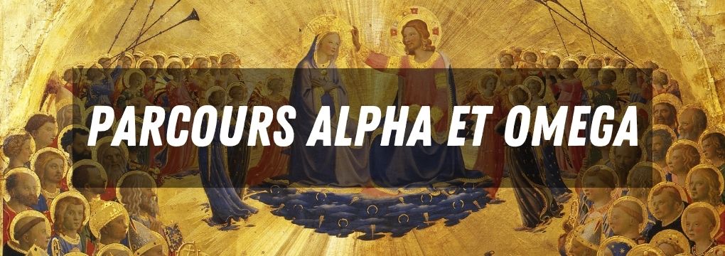 Parcours Alpha et Omega - Carrousel Bannière « Parcours Alpha et Omega » sur fond de fresque dorée représentant le Couronnement de la Vierge.
