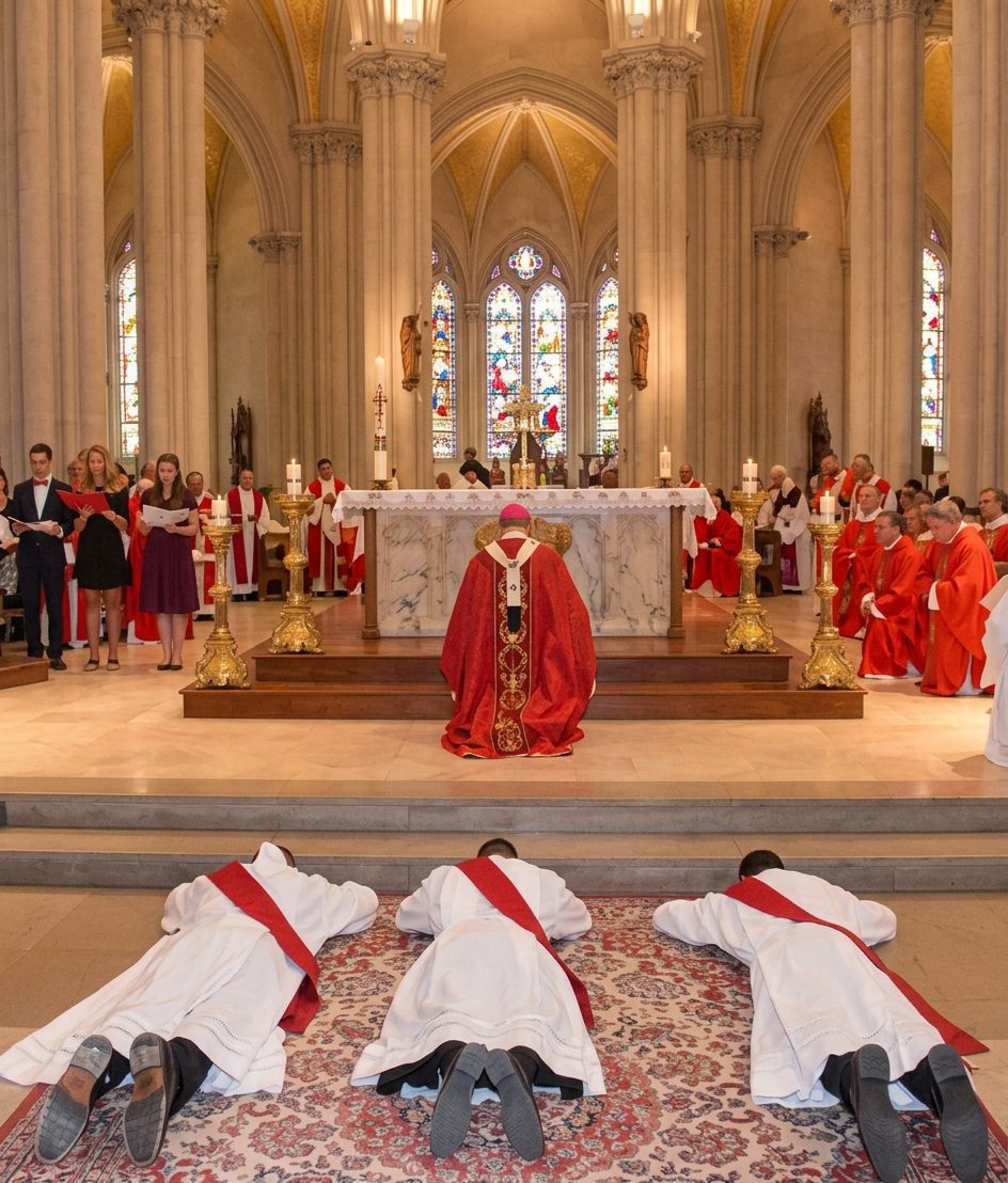 Vue intérieure de l'église de la rédemption lors d'une ordination : trois futurs prêtres en aubes blanches sont allongés face contre terre sur un tapis, devant l'évêque agenouillé en chasuble rouge à l'autel et l'assemblée des prêtres.